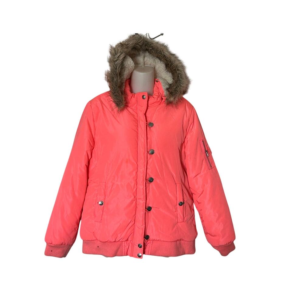 Justice Girls peach faux Fur Hooded Full Zip Puffer Jacket Coat Size 16 18 - Picture 2 of 12